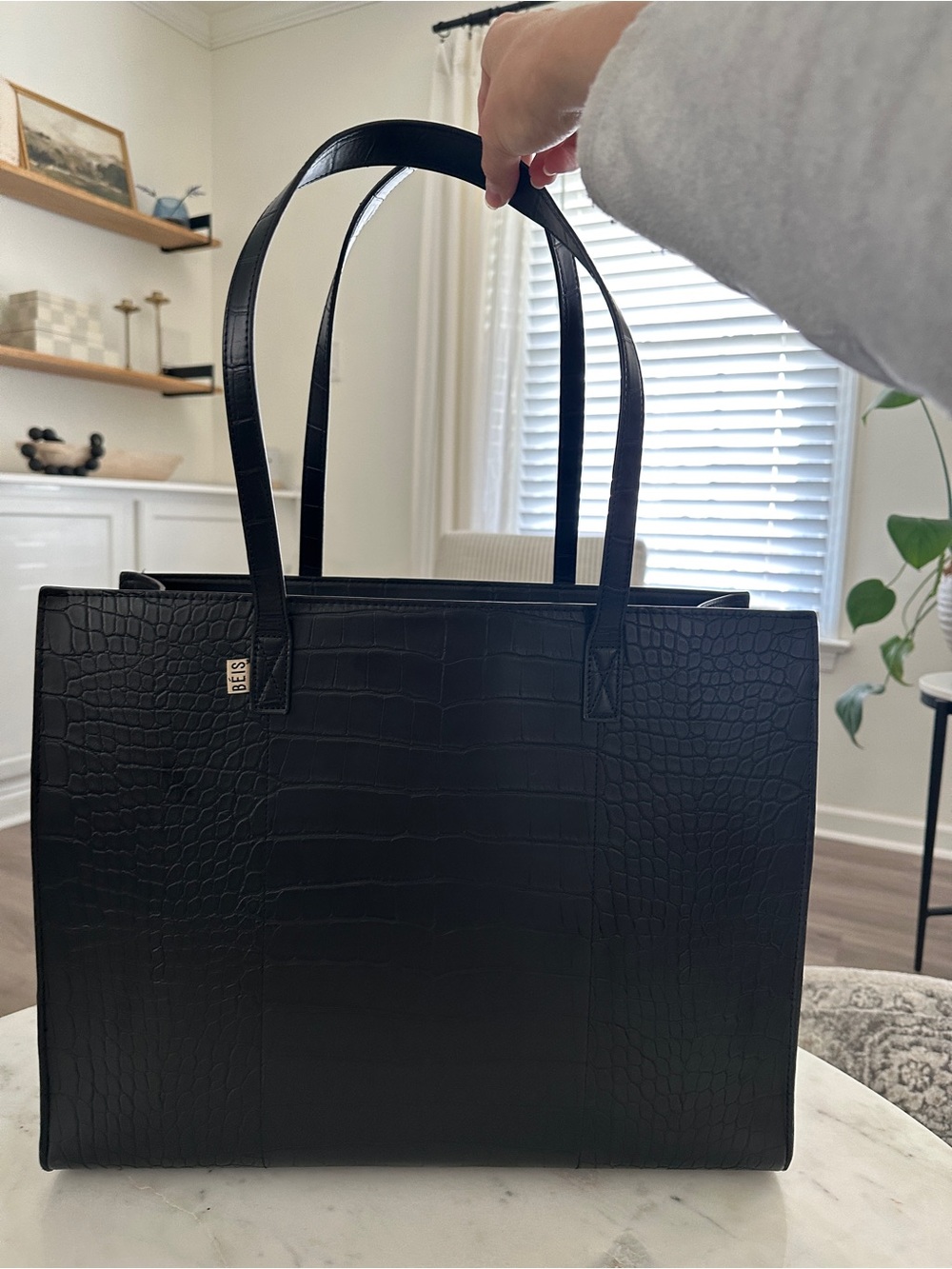 Beis Black Croc-Embossed Leather Tote Bag